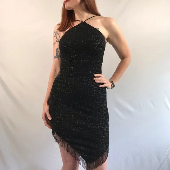 Sold—90s Vintage Cache Black Cocktail Halter Dress - Picture 1 of 14